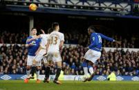 Football Soccer - Everton v Swansea City - Barclays Premier League - Goodison Park - 24/1/16 Everton's Romelu Lukaku heads at goal Reuters / Andrew Yates