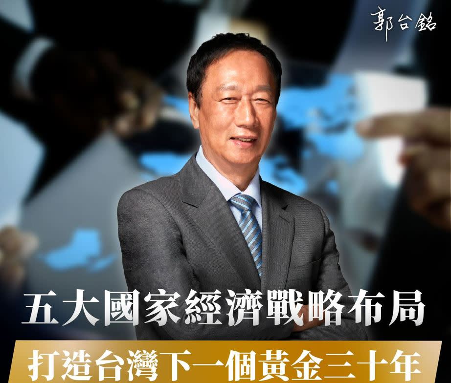 鴻海創辦人郭台銘4日在臉書發文「五大國家經濟戰略布局 打造台灣下一個黃金三十年」。（圖取自郭台銘Facebook）