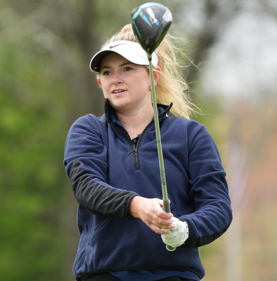 Flanders, NJ - April 26, 2023 — Morris County Girls Golf Tournament at Flanders Valley Golf Course. Remi Levato of Chatham teeing off on the first tee,