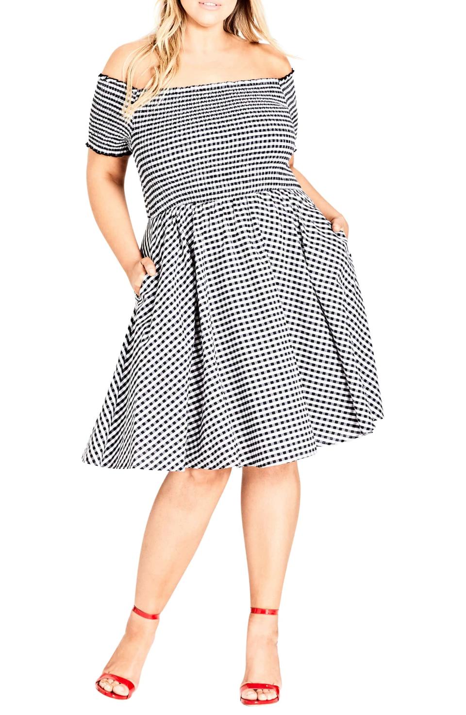 City Chic Gingham Off the Shoulder Fit & Flare Dress. (Photo: Nordstrom)