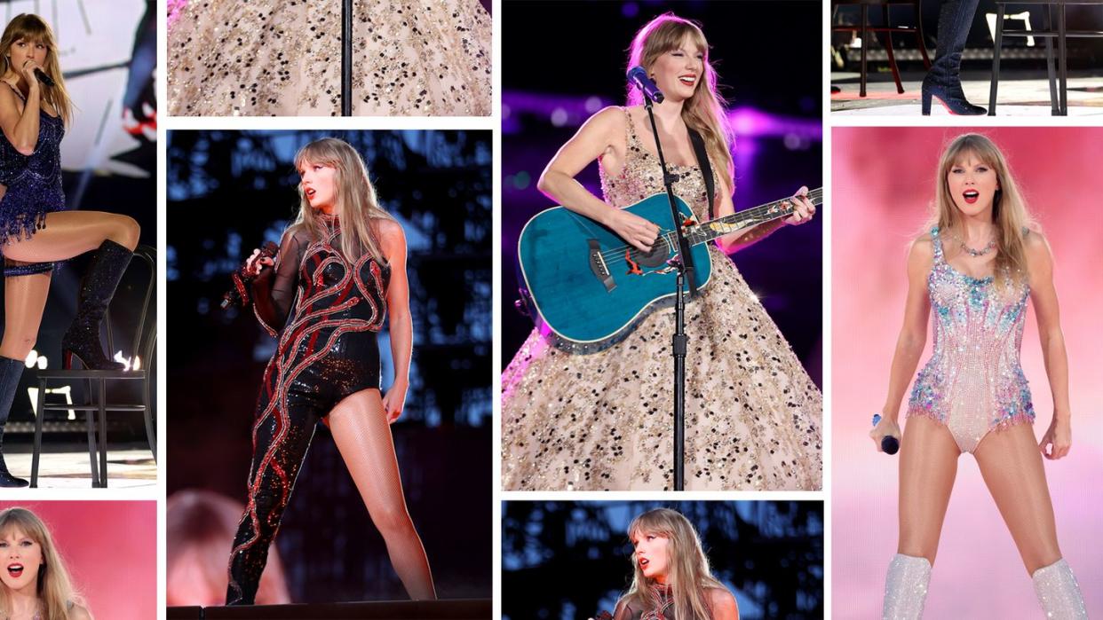 a collage of taylor swift performing at the eras tour to illustrate a guide to the best taylor swift gifts of 2023