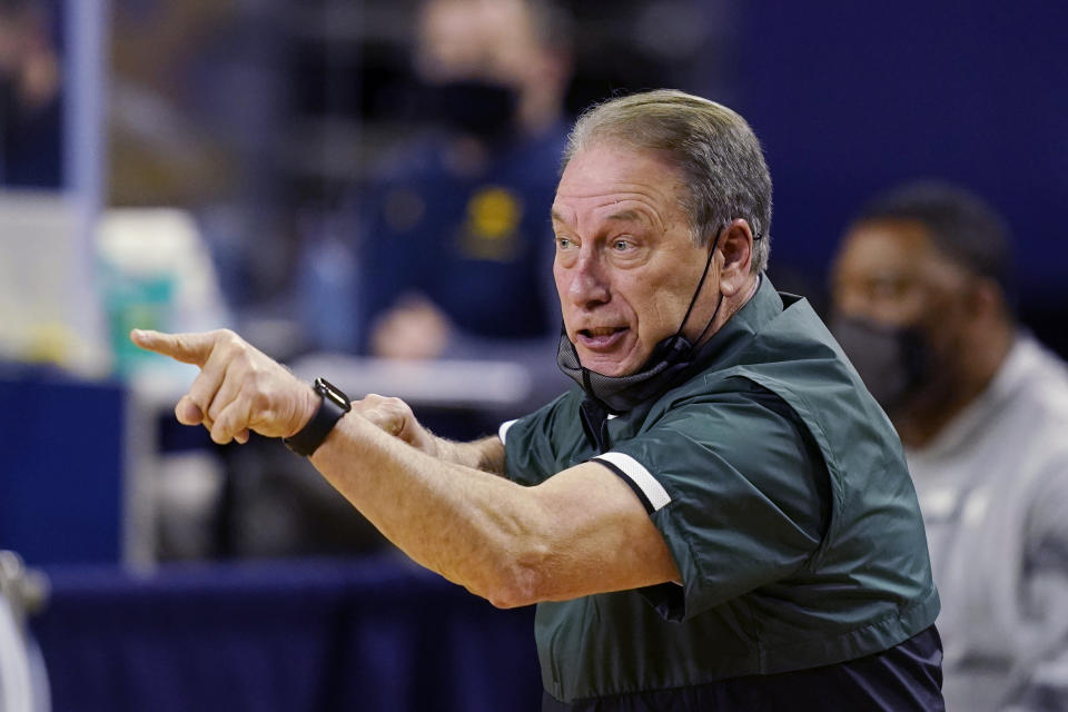 FILE - In this March 4, 2021, file photo, Michigan State coach Tom Izzo gestures during the first half of the team's NCAA college basketball game against Michigan in Ann Arbor, Mich. Izzo relishes the underdog role and he aims to motivate unranked Michigan State to prove people wrong this season. (AP Photo/Carlos Osorio, File)