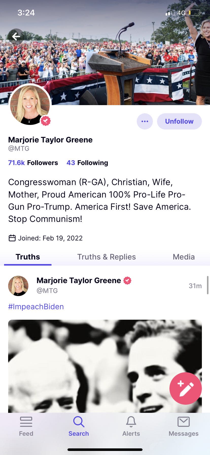 Screenshot of profile of Marjorie Taylor Greene, A Georgia Congresswoman and active user of Truth Social