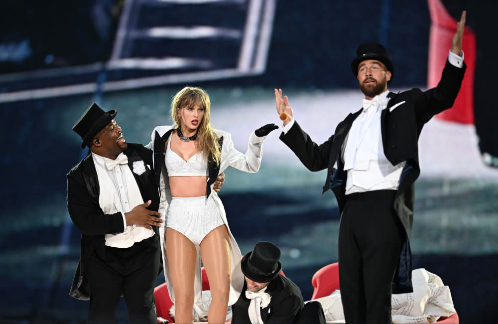 Travis Kelce kept telling himself not to ‘drop the baby’ when he carried his girlfriend Taylor Swift on stage during one of her ‘Eras Tour’ shows credit:Bang Showbiz