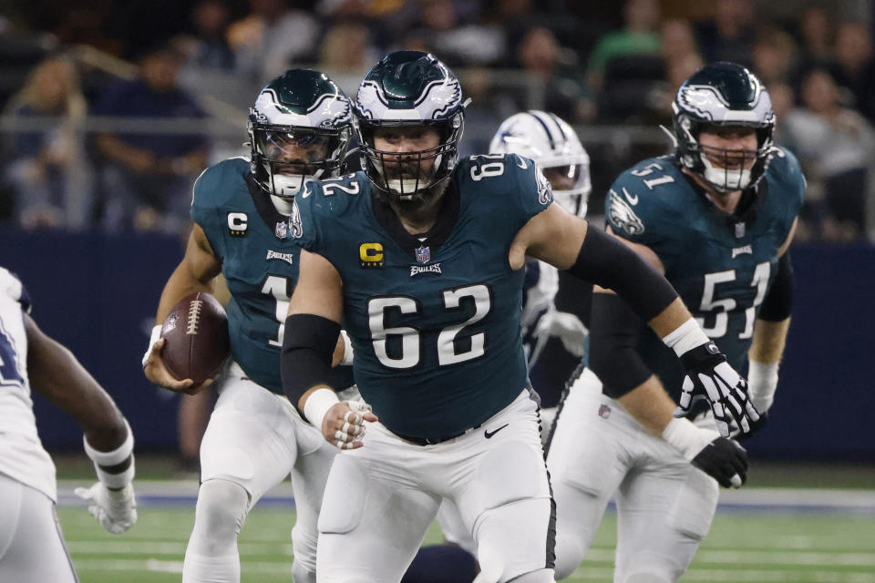 FILE - Philadelphia Eagles center Jason Kelce (62) blocks during an NFL Football game in Arlington, Texas, Sunday, Dec. 10, 2023. Jason Kelce has retired after 13 seasons with the Eagles. Kelce officially called it quits Monday, March 4, 2024, at the Eagles’ complex in Philadelphia. (AP Photo/Michael Ainsworth, File)