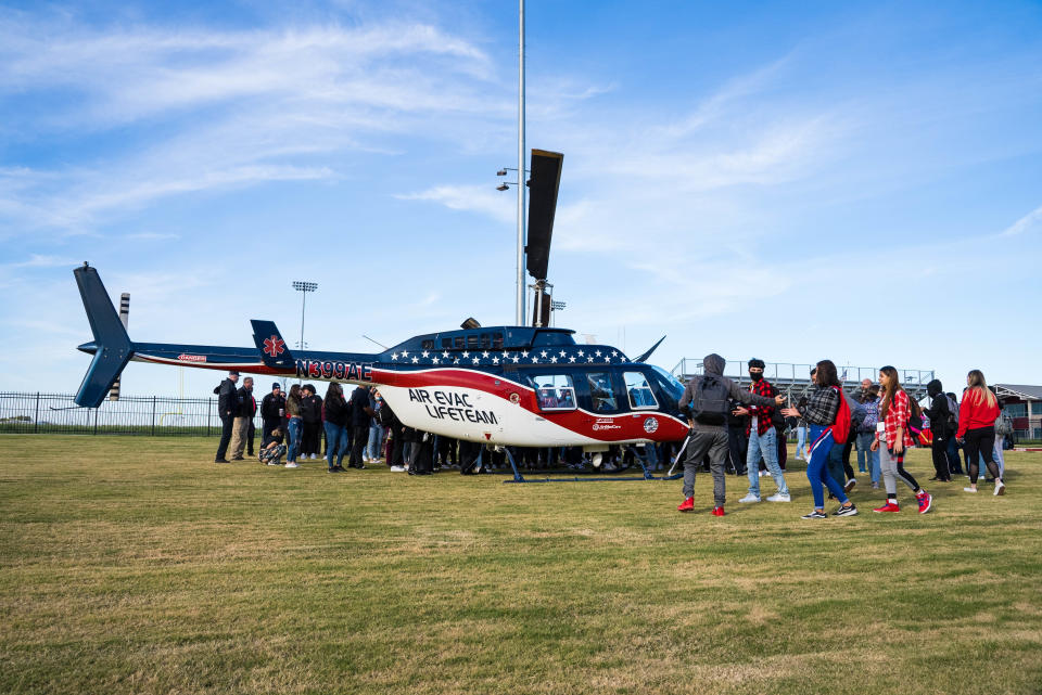 Sherman High School health sciences students get an up-close look at the Air Evac LifeTeam helicopter.