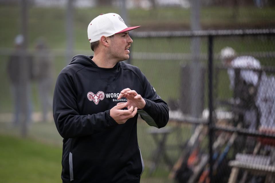 Worcester Academy coach Mike Abraham calls out instructions before facing Phillips Exeter on Saturday April 13, 2024 at Gaskill Field.