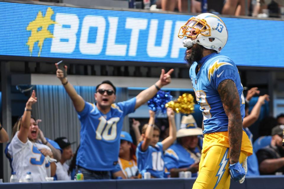 Chargers wide receiver Keenan Allen celebrates after catching a 42-yard pass against the Raiders in September.