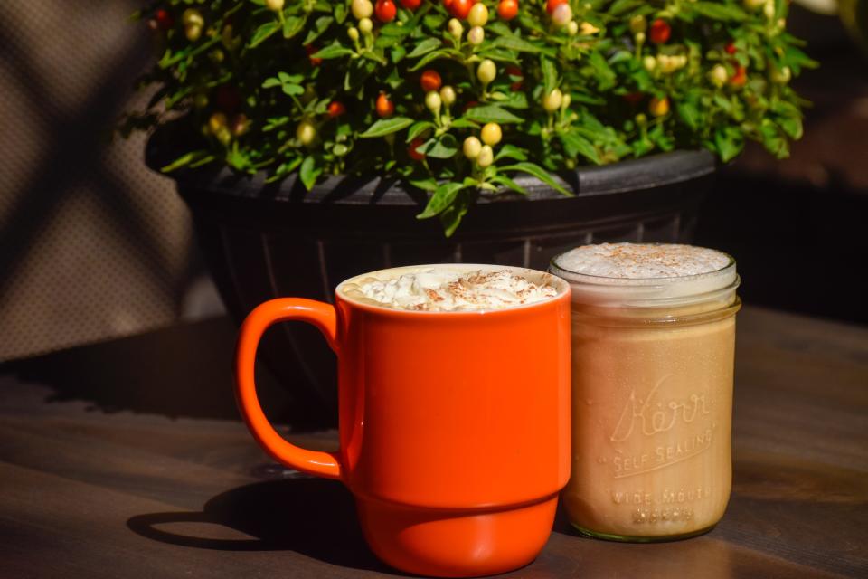 Blüm Coffee Garden's White Mocha Maple Latte and  Iced Pumpkin Pie Cold Foam Coffee.