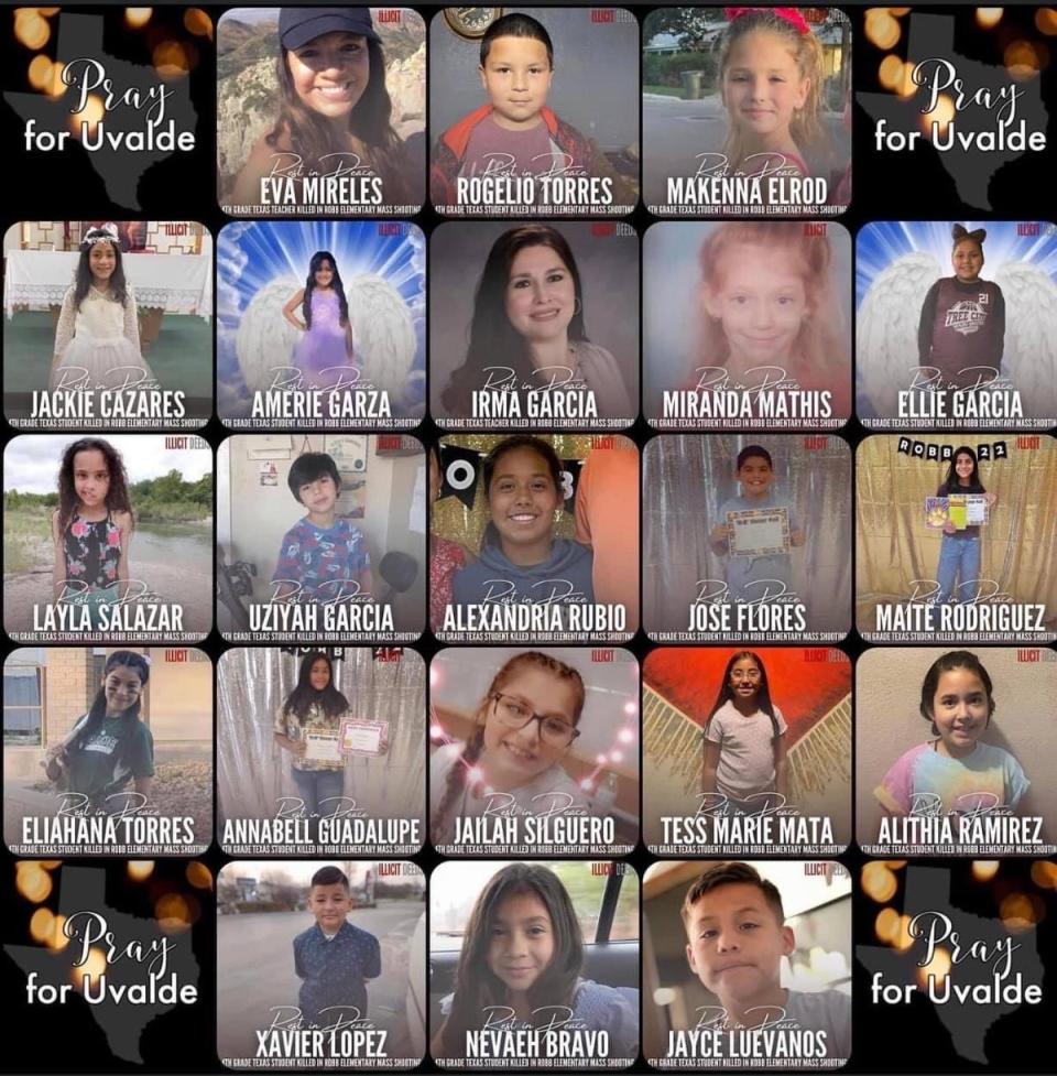 The 21 victims, 19 students and two teachers, from the Uvalde school shooting at Robb Elementary School are shown in a memorial from the City of Uvalde. (City of Uvalde)