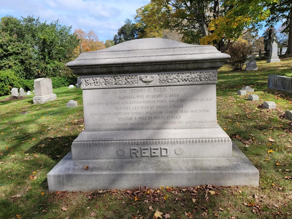 Reed & Barton: Henry Reed and Charles Barton were business partners in life, taking over the failing company of Isaac Babbitt and transforming it into world-renowned Reed & Barton. They helped to give the Silver City it's nickname! They are also buried near each other, in adjacent plots at Mount Pleasant Cemetery. This is Henry G. Reed's (1810-1901) tomb. Also buried here: His wife Clarissa (1812-1847), the daughter of Isaac and Sophia Hodges White; his second wife Frances Lee (1830-1857), daughter of Jared and Fanny L. Williams; and his third wife, Delight R. (1828-1894), daughter of Christopher and Emeline Lee Carpenter.