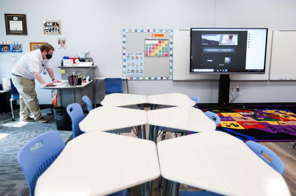 Springfield teachers will teach virtually Tuesday through Friday of next week. This file photo shows fifth-grade teacher Michael Mott teaching virtually from Delaware Elementary in October 2020.