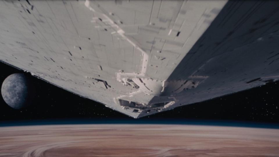 IMperial Star Destroyer chasing Princess Lei'a ship in Star Wars: A New Hope