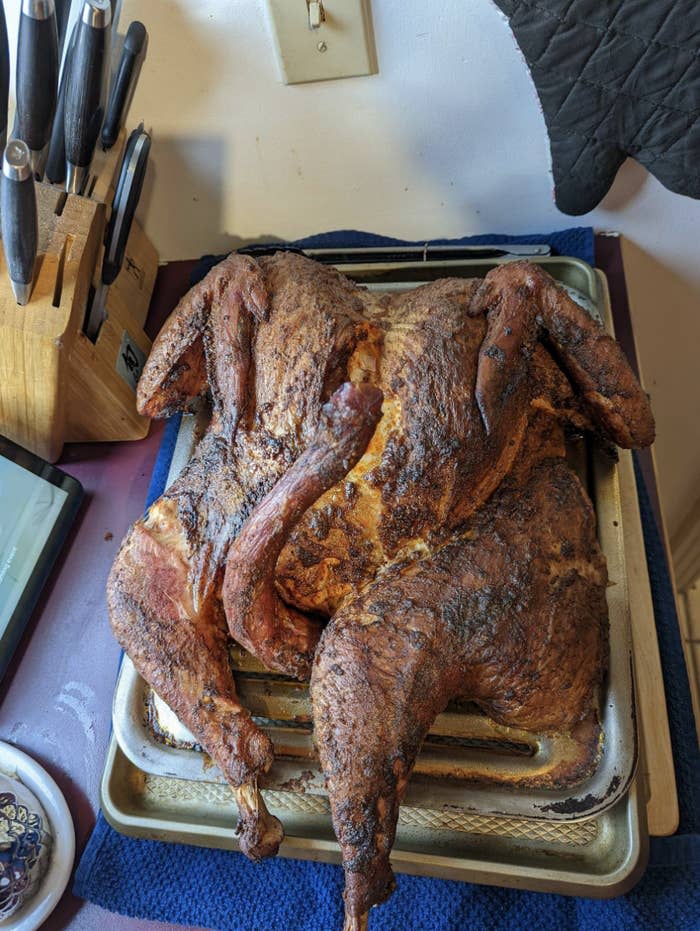 a cooked turkey with a long bone coming up from between the legs