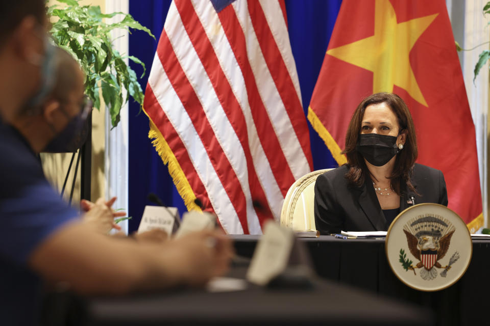 U.S. Vice President Kamala Harris meets with activists who work on LGBT, transgender, disability rights and climate change at the U.S. Chief of Mission's residence in Hanoi, Vietnam, Thursday, Aug. 26, 2021. (Evelyn Hockstein/Pool Photo via AP)