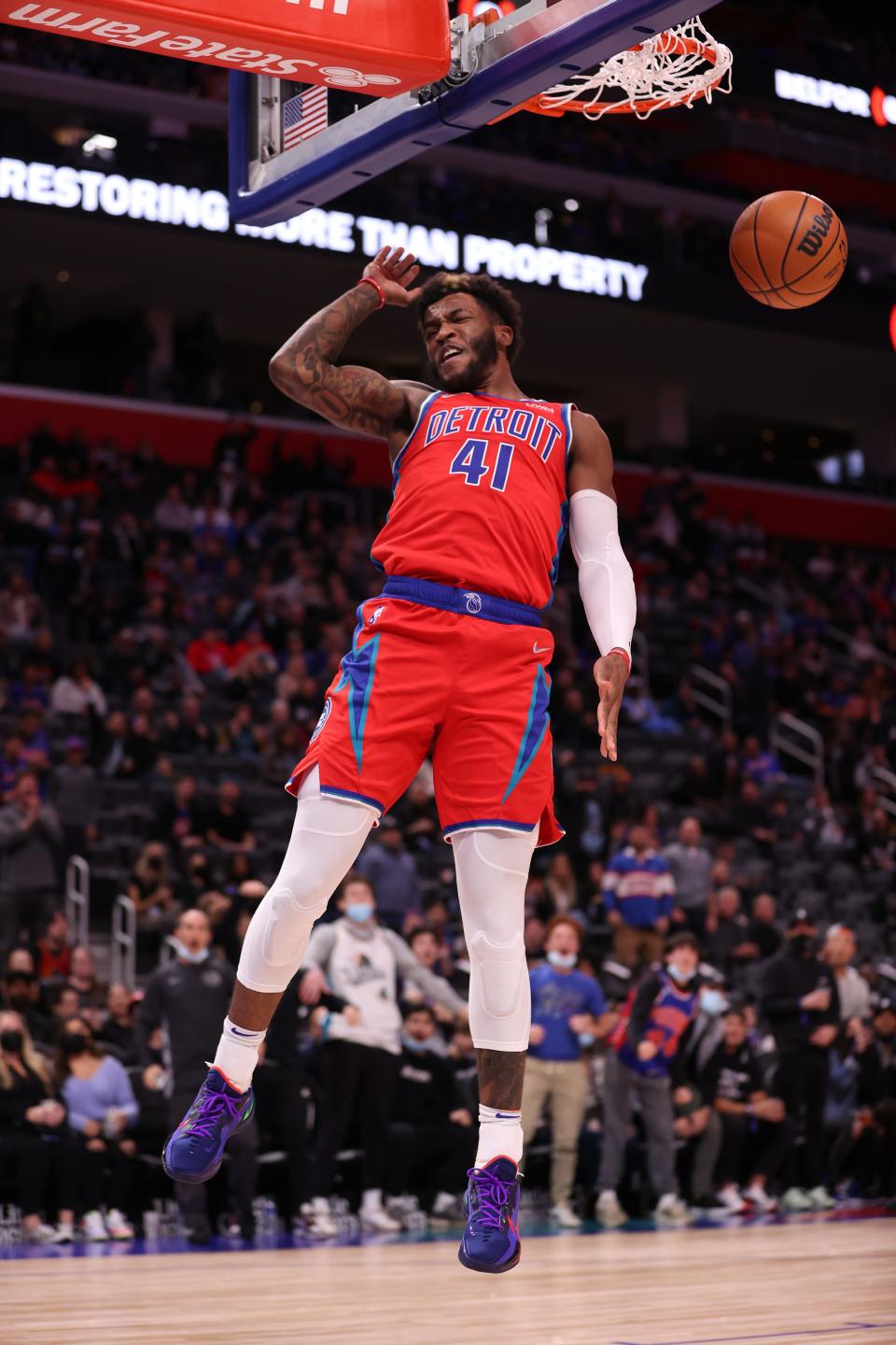 Saddiq Bey of the Detroit Pistons dunks in the first half against the Brooklyn Nets at Little Caesars Arena in Detroit on Friday, Nov. 5, 2021.