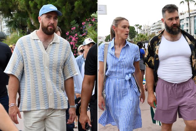 <p>Gigi Iorio / SplashNews.com (2)</p> Travis Kelce, Kylie Kelce and Jason Kelce at Cannes.