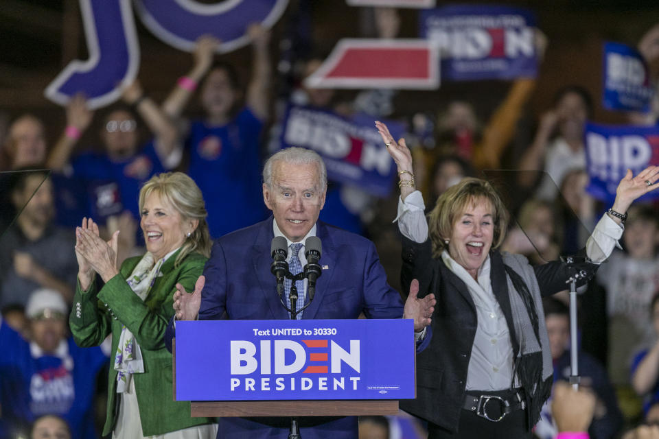 LOS ANGELES, CA - MARCH 03: Democratic presidential candidate former Vice President Joe Biden, his wife Jill Biden (L) and sister Valerie Biden Owens, attend a Super Tuesday event at Baldwin Hills Recreation Center on March 3, 2020 in Los Angeles, California. Biden is hoping his make-or-break victory in the South Carolina primary has influenced Super Tuesday voters to lean toward him. (Photo by David McNew/Getty Images)