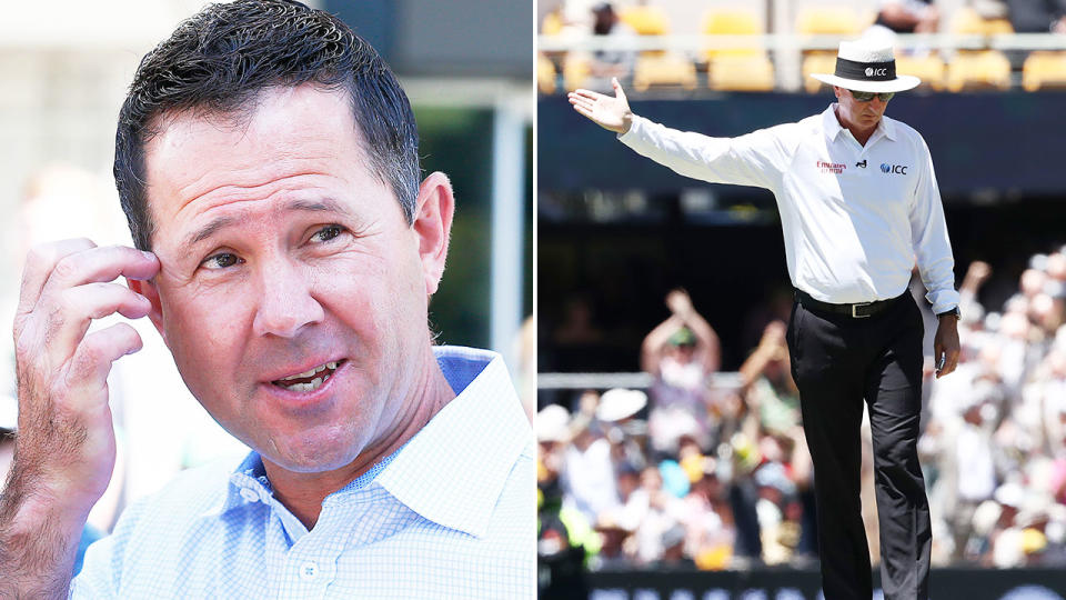 Pictured left, Ricky Ponting and an umpire signalling no-ball on day two at the Gabba. 