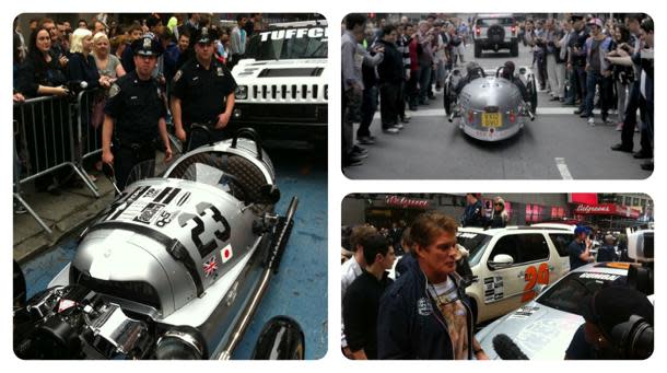 Morgan 3 Wheeler in Times Square; David Hasselhoff