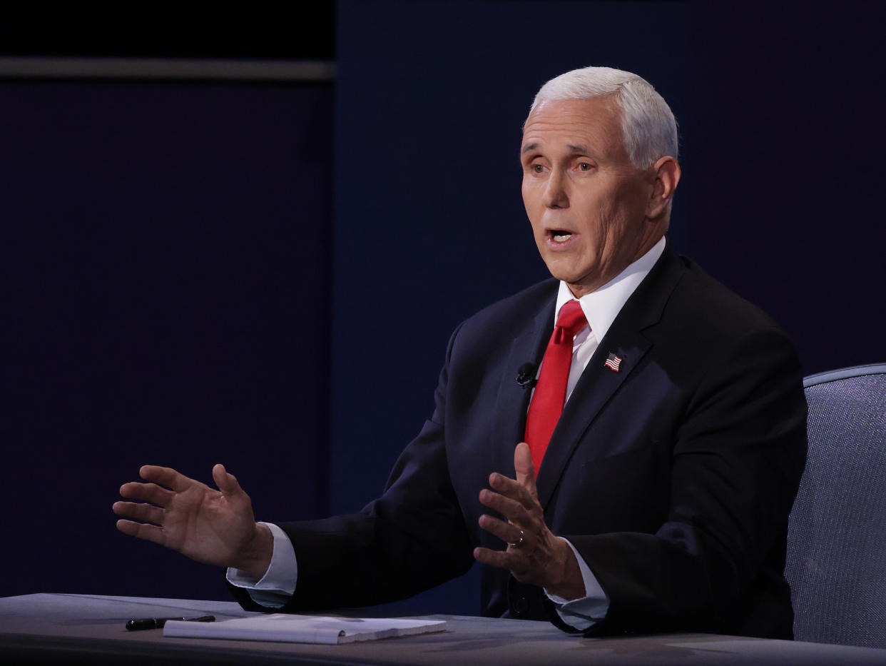 Vice President Mike Pence participates in the vice presidential debate against Democratic vice presidential nominee Sen. Kamala Harris (D-CA) at the University of Utah on October 7, 2020 in Salt Lake City, Utah. (Alex Wong/Getty Images)