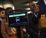 In this photo provided by The Metropolitan Transportation Authority (MTA), new weapon detectors that can be deployed at subway entrances are displayed during a news conference in New York, March 28, 2024. New York City officials announced a pilot program on Thursday to deploy portable gun scanners in the subway system, part of an effort to deter violence underground and to make the system feel safer. (Marc A. Hermann/Metropolitan Transportation Authority via AP)