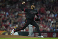 Cincinnati Reds starting pitcher Hunter Greene throws in the first inning of a baseball game against the Baltimore Orioles, Friday, May 3, 2024, in Cincinnati. (AP Photo/Carolyn Kaster)