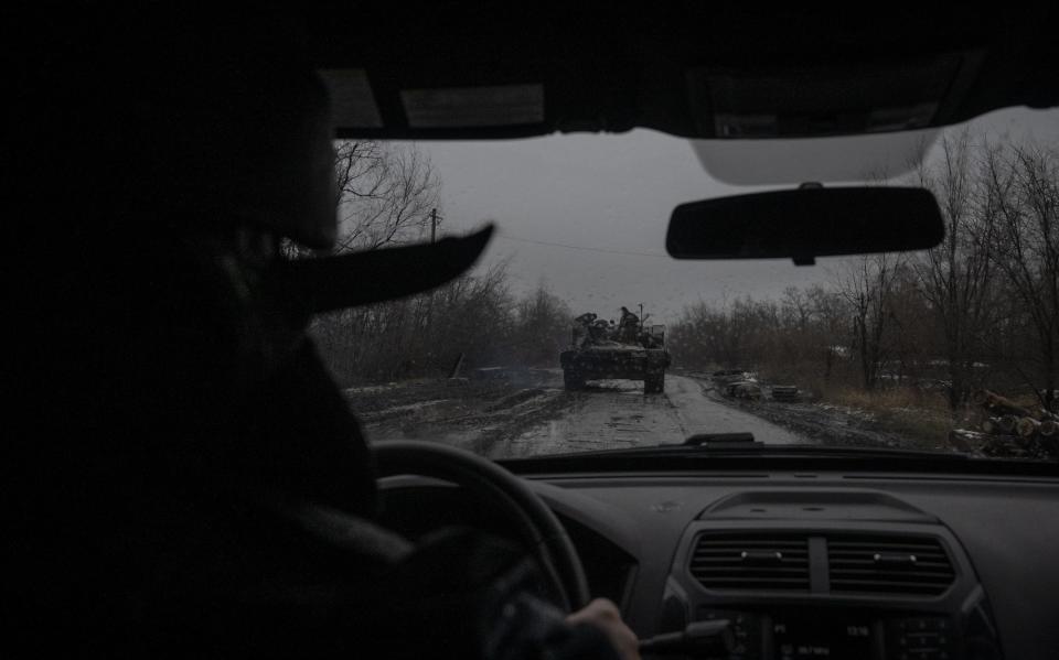 A Ukrainian tank moves in the direction of Avdiivka in the eastern Donetsk region