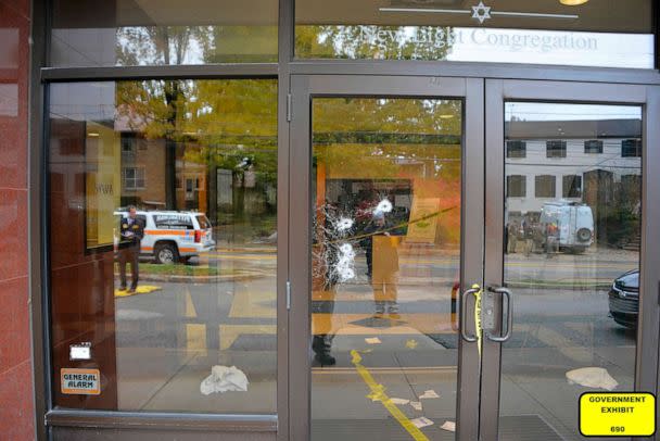 PHOTO: The bullet damaged doors of the Tree of Life synagogue building in Pittsburgh, was entered June 1, 2023, as a court exhibit by prosecutors in the federal trial of Robert Bowers. (U.S. District Court for the Western District of Pennsylvania via AP)