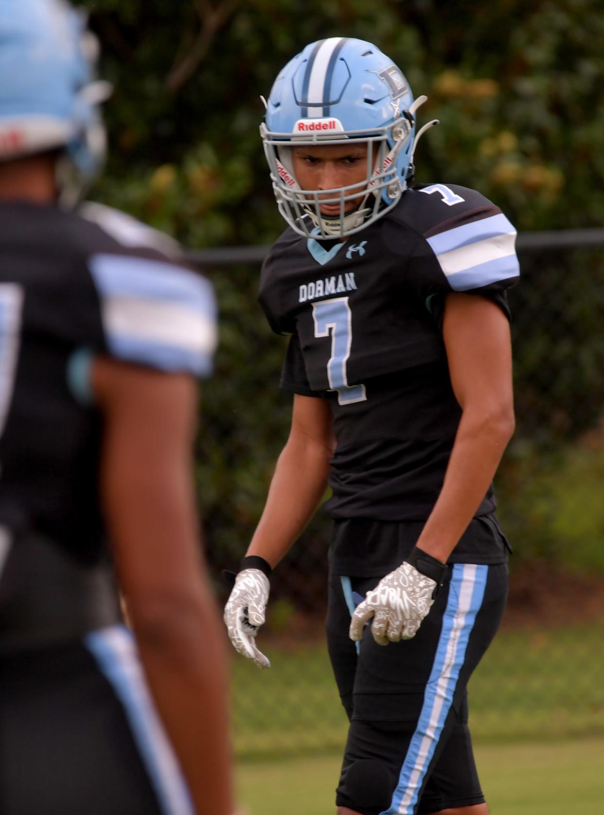 Dorman High School held football practice for the coming season at the high school on Aug. 2, 2023. This is Brannon Teamer (7) on the field.