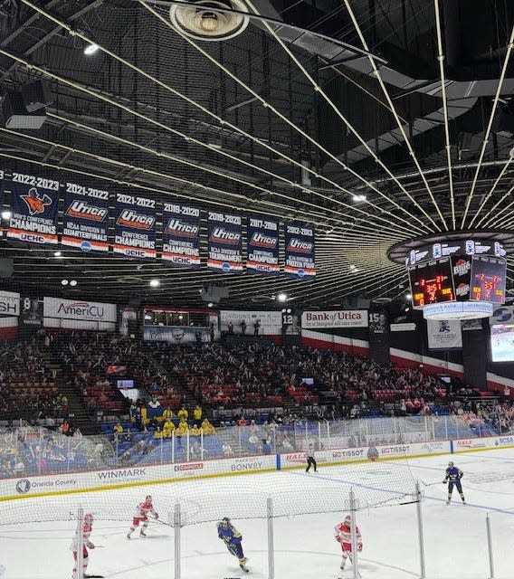 The crowd at the first IIHF tournament game, Denmark vs. Sweden at 11 a.m. on April 3, included hundreds of local students on field trips to see the game for free.