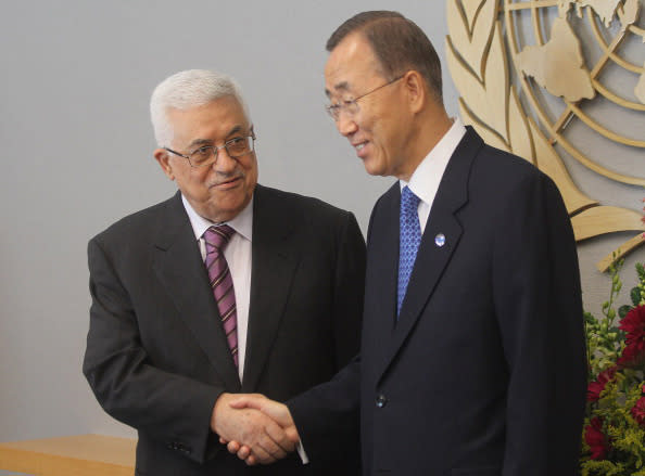 Palestinian President Mahmoud Abbas (L) is greeted by United Nations Secretary-General Ban Ki-moon on September 19, at UN headquarters in New York City, US. The Palestinian attempt to claim a moral victory in its bid for UN security council recognition of a Palestinian state appears on the brink of collapse as European nations look likely to back Washington’s opposition to the move. (Mario Tama/Getty Images)