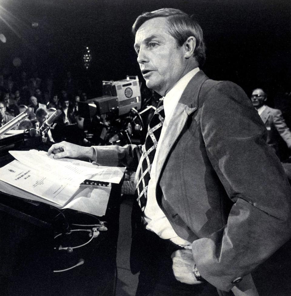 Alberta Premier Peter Lougheed speaks to a news conference in Toronto in 1976, the year he created the Alberta Heritage Savings Trust Fund.