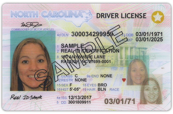 A sample Real ID version of a North Carolina driver license.