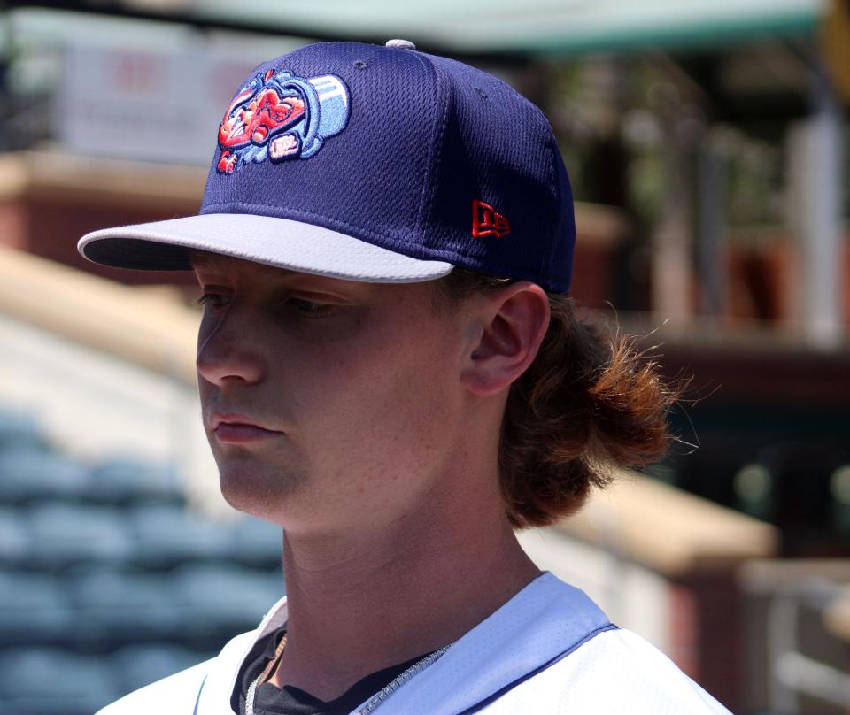 Jacksonville Jumbo Shrimp pitcher Max Meyer speaks with reporters at media day on April 4.