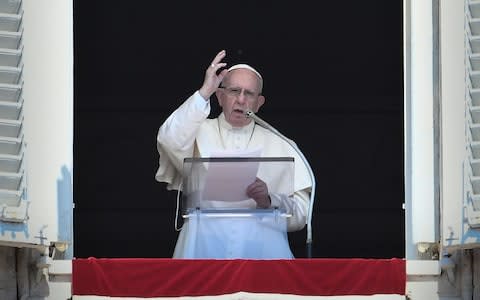 Pope Francis delivers a speech to the faithful prior to the Angelus prayer, on August 19, at St Peter's square  - Credit: FILIPPO MONTEFORTE/ AFP