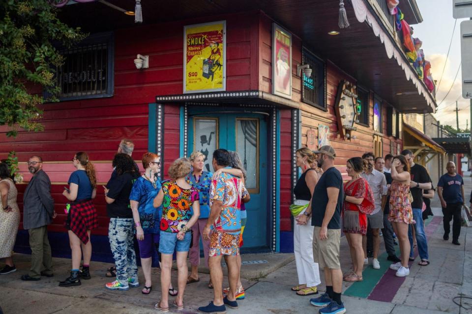 A line of people wait outside the venue for Stormy Daniels’ comedy show in New Orleans, Louisiana. Daniels had played a starring role in Donald Trump’s hush money trial and is now pivoting to stand-up comedy (REUTERS)