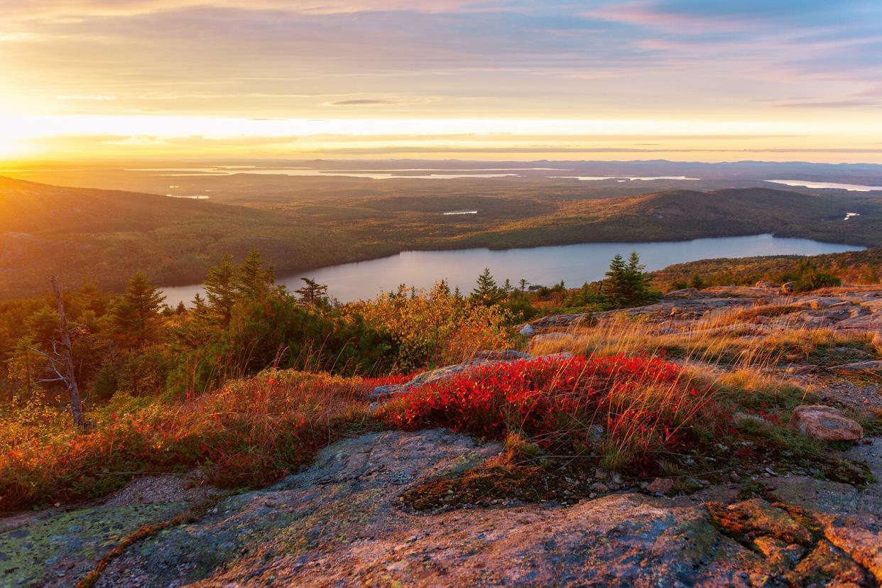 Sunset from Blue Hill Overlook on Cadillac Mountain in Autumn, Bar Harbor, Acadia National Park, Maine, New England, USA