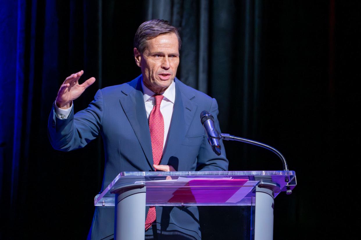 Brad Chambers delivers his opening remarks as Republican gubernatorial candidates gather, Monday, March 11, 2024, at The Center for the Performing Arts in Carmel, Ind., to debate one another.