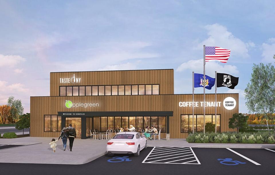 Exterior rendering of one of the styles of the renovated Thruway service plazas in New York. The project is set to wrap up in 2025.