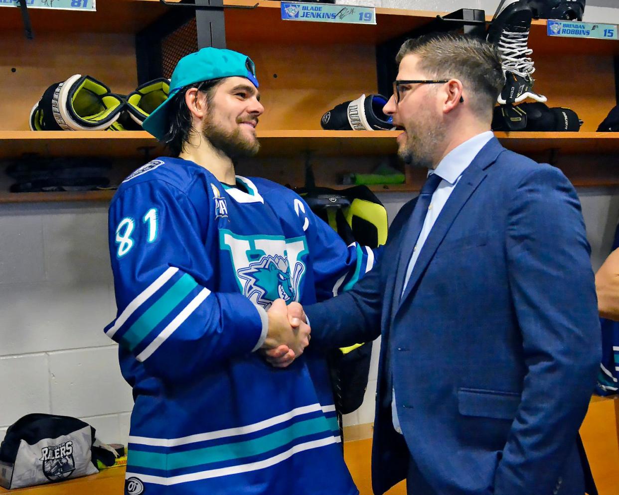 Worcester Railers captain Anthony Repaci, left, shakes the hand of coach/general manager Jordan Lavallee-Smotherman after a game this past season at the DCU Center.