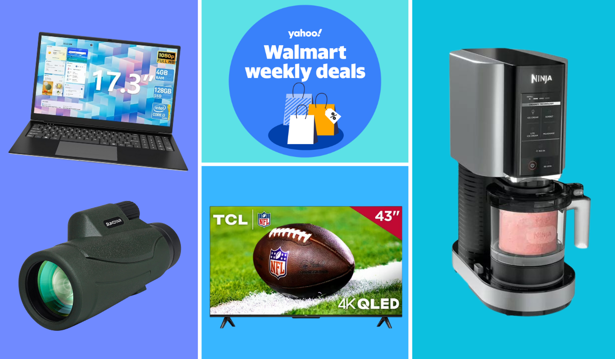 laptop, monocular, TCL TV, and Ninja Creami alongside badge reading Yahoo! Walmart weekly deals