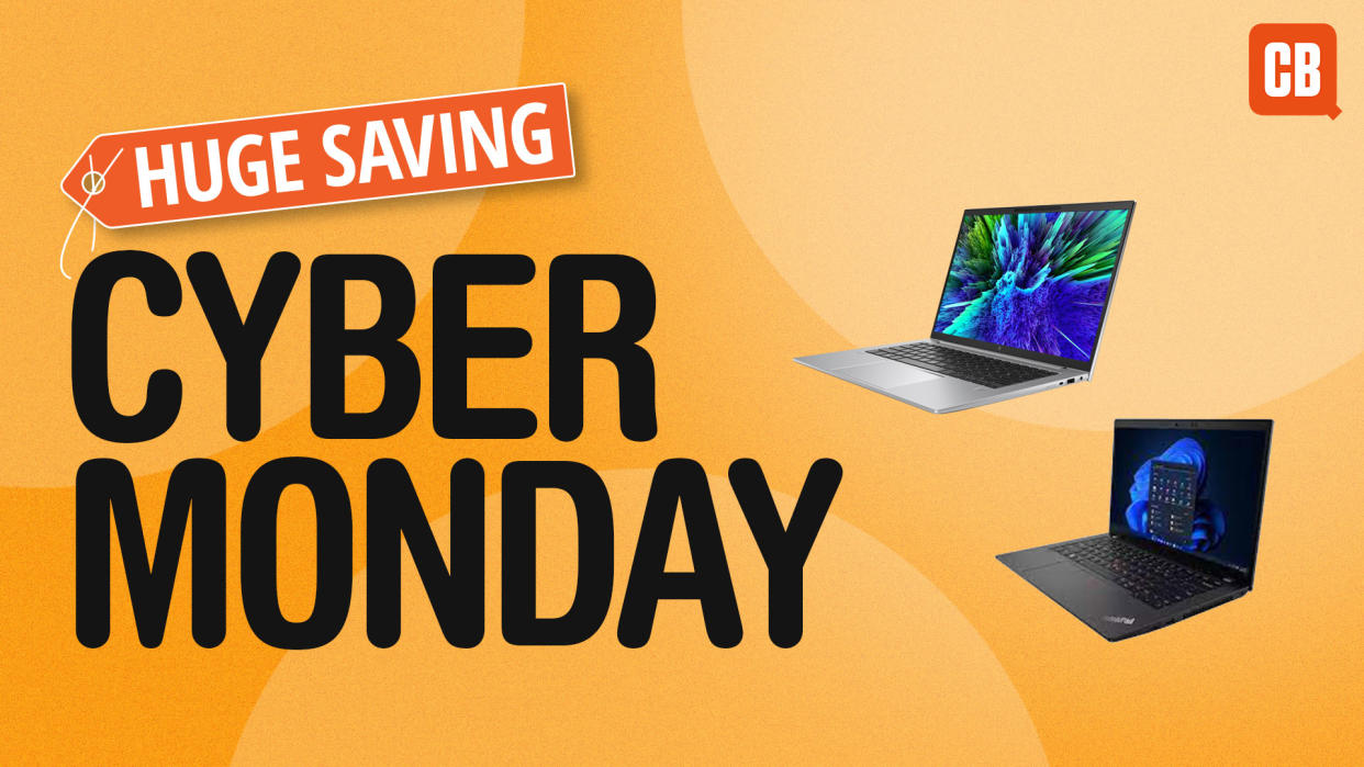  Two laptops next to text saying huge savings Cyber Monday. 