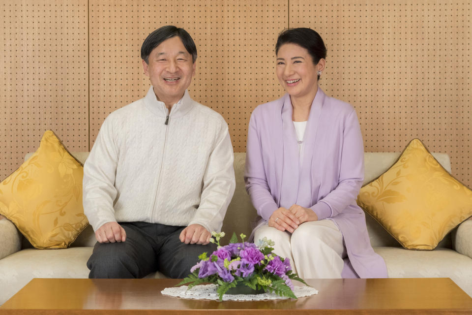 In this Feb. 17, 2019, photo provided by the Imperial Household Agency of Japan, Japan's Crown Prince Naruhito and Crown Princess Masako pose at their residence Togu Palace in Tokyo. Naruhito celebrates his 59th birthday on Saturday, Feb. 23, 2019. (Imperial Household Agency of Japan via AP)