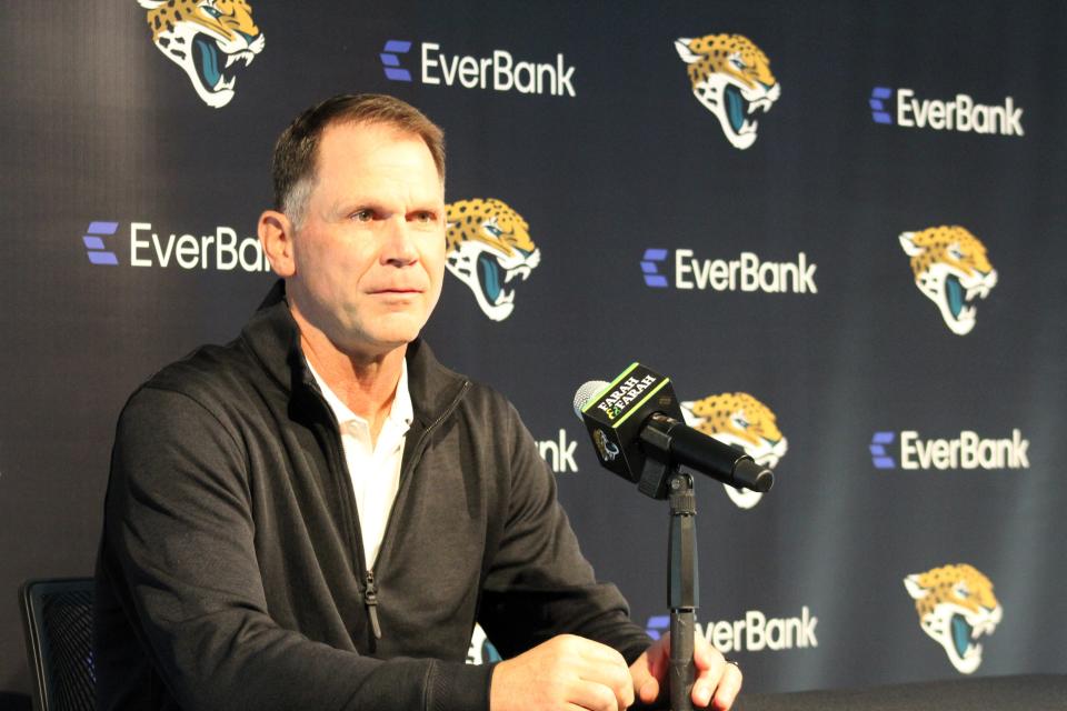 Jaguars general manager Trent Baalke talks with reporters in January after the regular season's close.