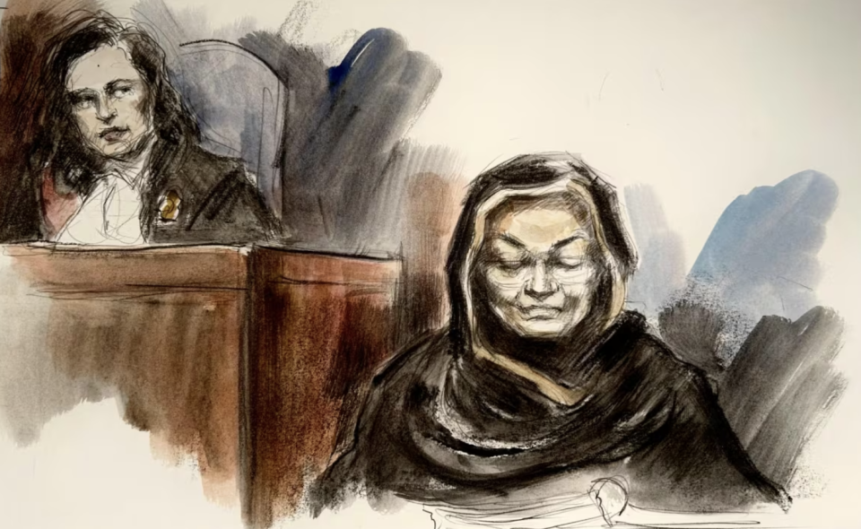 Tabinda Bukhari, right, mother of Madiha Salman, 44, one of the victims in the June 2021 truck attack, is shown in a court sketch, with Ontario Superior Court Justice Renee Pomerance, left, at the sentencing hearing for Nathaniel Veltman on Thursday. (Pam Davies/CBC)