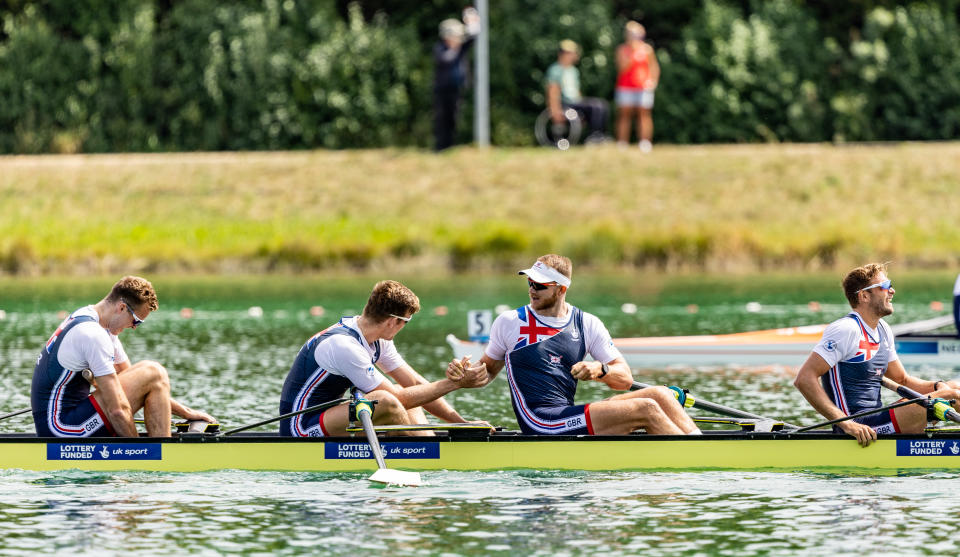 Boat Great Britain reacts after winning the Menâ€™s Eight Final during the European Championships 2022 on August 13, 2022, in Munich, Germany. Photo: Axel Heimken / Munich2022

