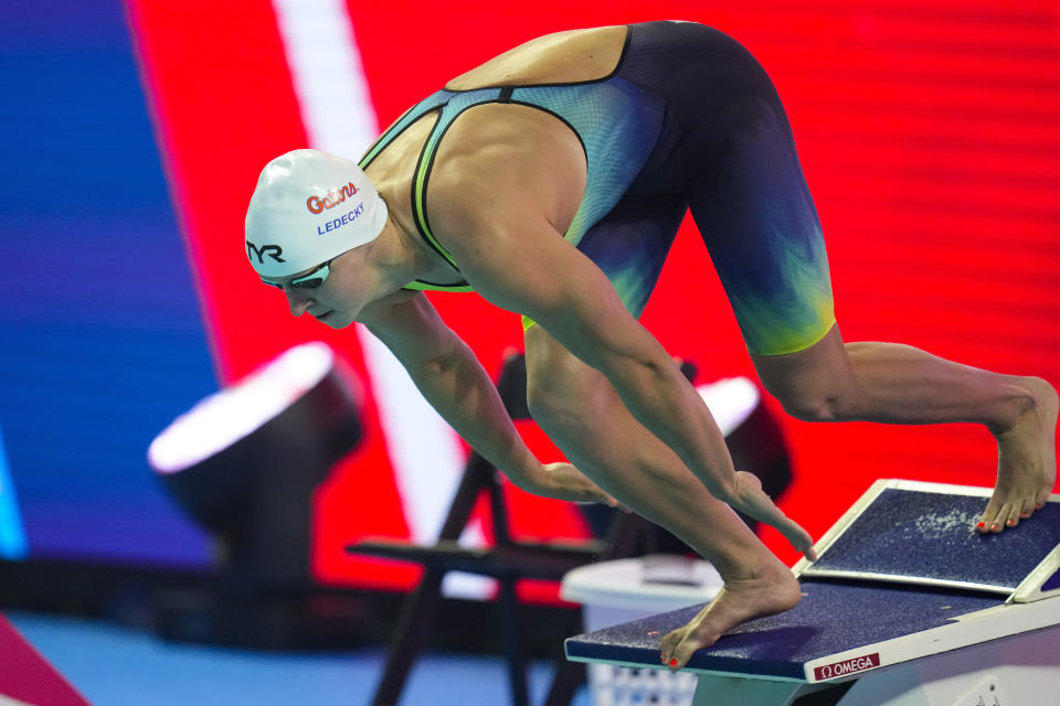 Katie Ledecky starts on her way to winning the women's 800-meter freestyle at the U.S. nationals swim meet in Indianapolis, Tuesday, June 27, 2023. (AP Photo/Michael Conroy)