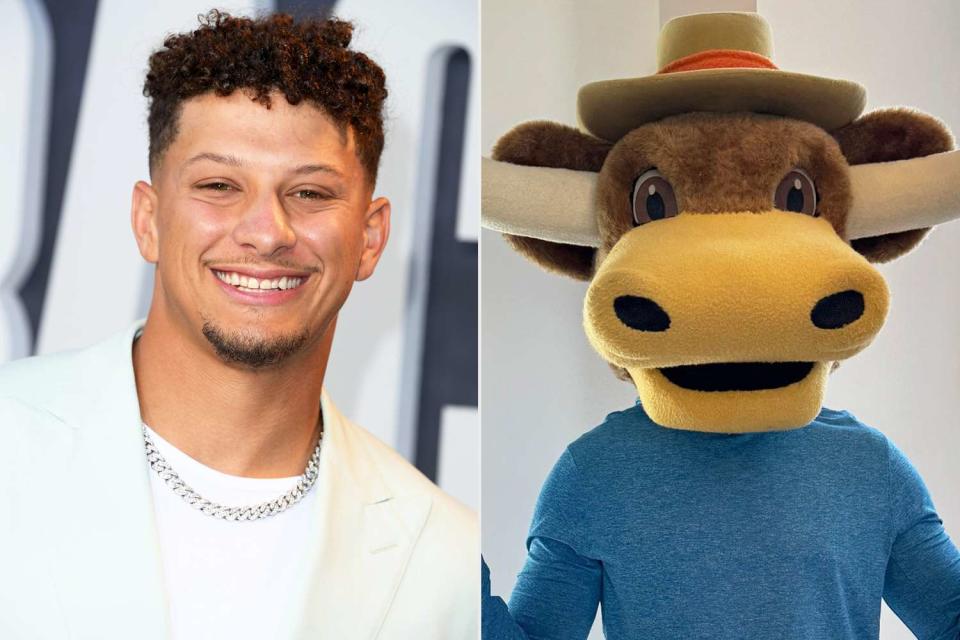 <p>Steve Granitz/FilmMagic; Patrick Mahomes/Instagram</p> Patrick Mahomes poses in cow mask after loosing March Madness bet