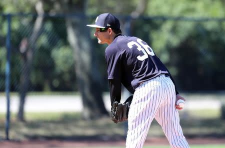 Feb 14, 2019; Tampa, FL, USA; New York Yankees pitcher Danny Farquhar (36) works out during spring training at George M. Steinbrenner Field. Mandatory Credit: Kim Klement-USA TODAY Sports